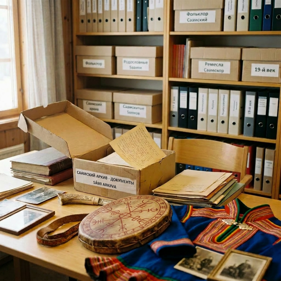 Woman in traditional Saami clothing examining archival documents at a desk with cultural artifacts